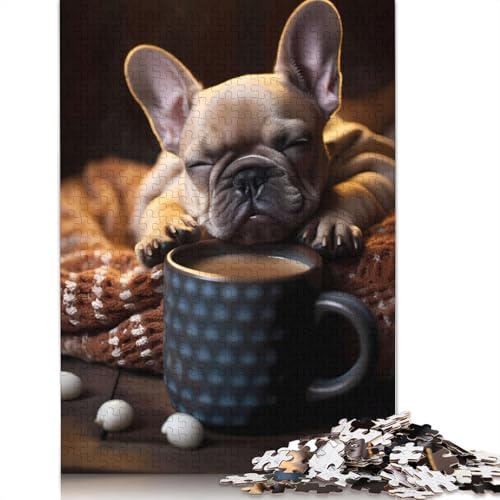1000 Teile Französische Bulldogge Welpen Kaffee Puzzles Puzzle für Erwachsene Schwierigkeitspuzzles Puzzle Lernspiele Spielzeug Familiendekoration 1000 Stück (75x50cm) von POLIUAWS