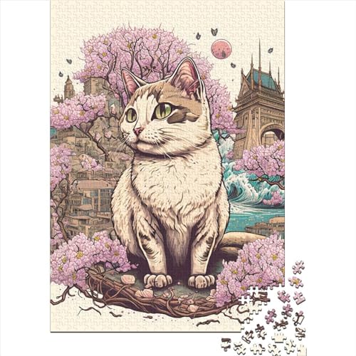 1000 Teile Kirschblüten und Katzen Puzzle für Erwachsene, Holzpuzzle für Erwachsene und Jugendliche ab 12 Jahren, 1000 Teile (75x50cm) von POLIUAWS