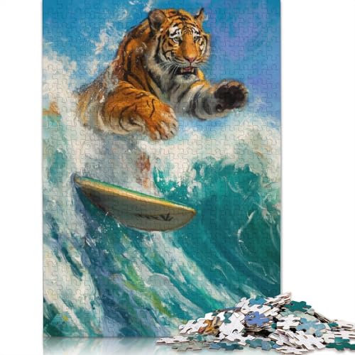 1000 Teile Tiger Surfer Surfing Waves Puzzles Puzzle für Erwachsene Schwierigkeitspuzzles Puzzle Lernspiele Spielzeug Familiendekoration 1000 Stück (75x50cm) von POLIUAWS