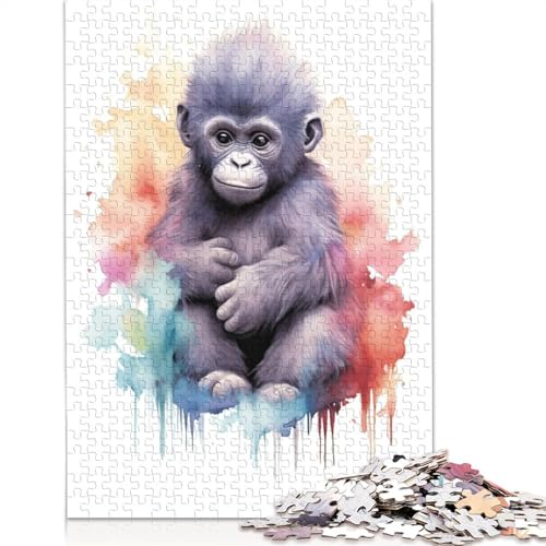 1000-teiliges Aquarell-Baby-Gorilla-Puzzle für Erwachsene, Puzzle für die Familienzeit, Gehirn-Herausforderung, 1000 Teile (75 x 50 cm) von POLIUAWS