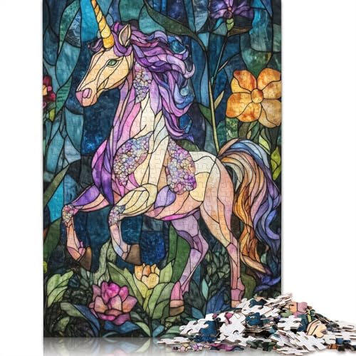 1000-teiliges Buntglas-Einhorn-Puzzle, Schwierigkeitsgrad: Puzzle, Lernspiel, Spielzeug, 1000 Stück (75 x 50 cm) von POLIUAWS
