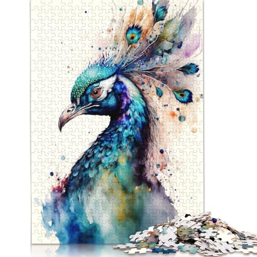 1000-teiliges Puzzle, Pfau in Aquarell, Lernspiel, Spielzeug, Familiendekoration, Erwachsene, herausfordernd, 1000 Teile (38 x 26 cm) von POLIUAWS