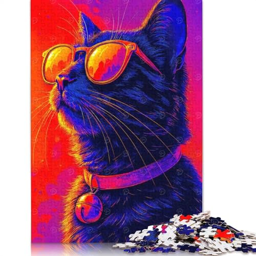 1000-teiliges Puzzle „Coole Neonkatze mit Sonnenbrille“ für Erwachsene und Teenager, 1000 Teile (75 x 50 cm) von POLIUAWS