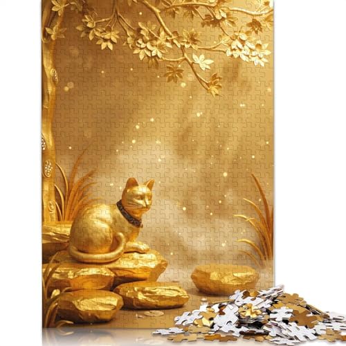 1000-teiliges Puzzle „Goldene Katzenstatue unter goldenem Baum“ für Erwachsene, Papierpuzzle für Erwachsene, für Familienspaß und Spieleabend (38 x 26 cm) von POLIUAWS