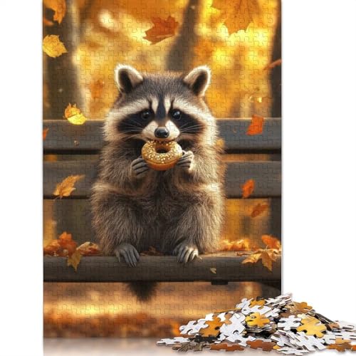 1000-teiliges Puzzle „Waschbär isst Donut im Herbst“ für Erwachsene und Teenager, Lernspielzeug aus Papier, 1000 Teile (75 x 50 cm) von POLIUAWS