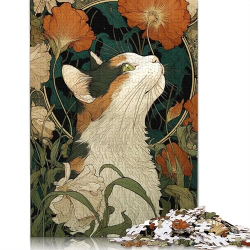 1000-teiliges Puzzle für Erwachsene, Kalikokatze in Blumen, Papierpuzzle für Erwachsene, Lernspiel, Herausforderungsspielzeug, 1000 Stück (75 x 50 cm) von POLIUAWS