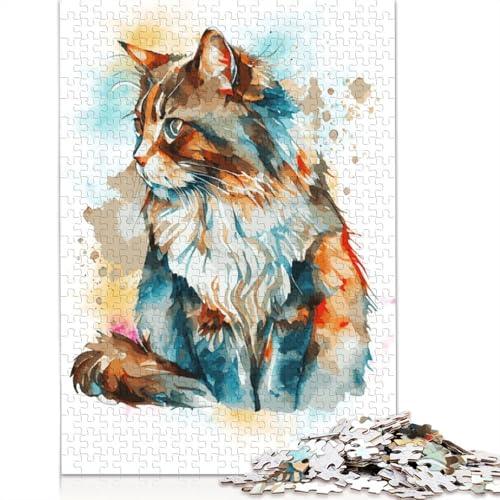 1000-teiliges Puzzle mit Aquarell-Langhaarkatze, Schwierigkeitsgrad für Erwachsene, Lernspielzeug, Spiele, 1000 Stück (75 x 50 cm) von POLIUAWS