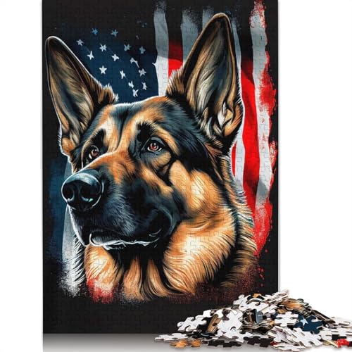 1000-teiliges Puzzle mit Deutscher Schäferhund-USA-Flagge für Erwachsene, Papierpuzzle, Lernspiel für Erwachsene Teenager, 1000 Teile (38 x 26 cm) von POLIUAWS