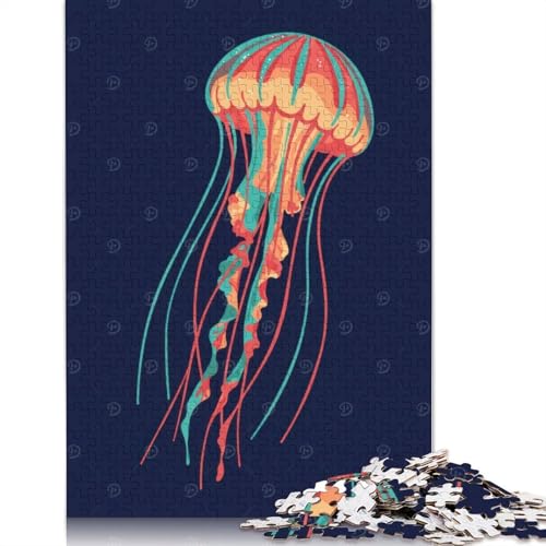 1000-teiliges Puzzle mit bunter Quallenillustration auf dunkelblauem Puzzle für Erwachsene, Puzzles, Lernspielzeug, 1000 Stück (38 x 26 cm) von POLIUAWS