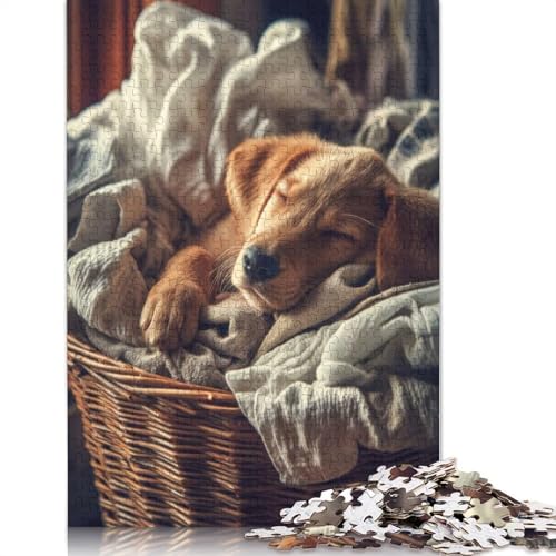 1000-teiliges Puzzle mit schlafendem Welpen im Wäschekorb für Erwachsene, Puzzle, Lernspiel, Herausforderungsspielzeug, 1000 Stück (75 x 50 cm) von POLIUAWS