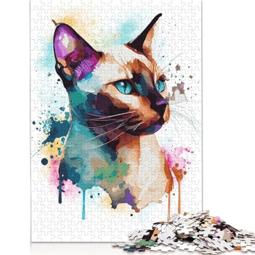 1000-teiliges Puzzle mit siamesischer Aquarellkatze, Schwierigkeitsgrad, Lernspiele, Spielzeug, 1000 Stück (75 x 50 cm) von POLIUAWS