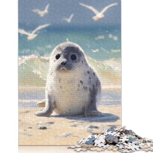 1000-teiliges Puzzle mit süßem Robbenjungen am Strand für Erwachsene, Puzzles, Lernspielzeug, 1000 Teile (75 x 50 cm) von POLIUAWS
