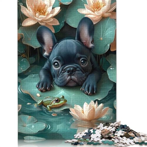 1000-teiliges Tierpuzzle „Französische Bulldogge in Seerosen“ für Erwachsene und Teenager, 1000 Teile (75 x 50 cm) von POLIUAWS