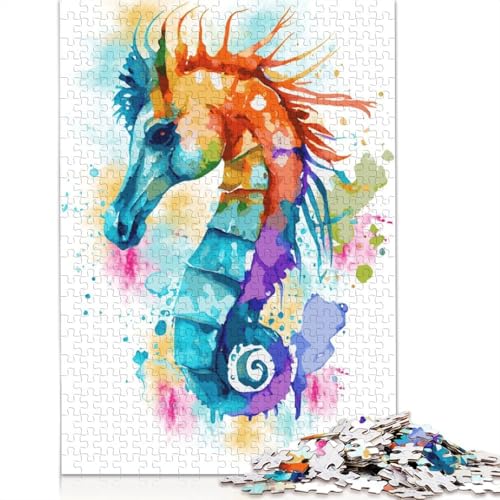 Aquarell-Seepferdchen-Kunst, 1000-teiliges Puzzle, Familienspaß für Erwachsene und herausforderndes Spiel, Spiele zum Stressabbau und einzigartige Geschenke, 1000 Teile (38 x 26 cm) von POLIUAWS