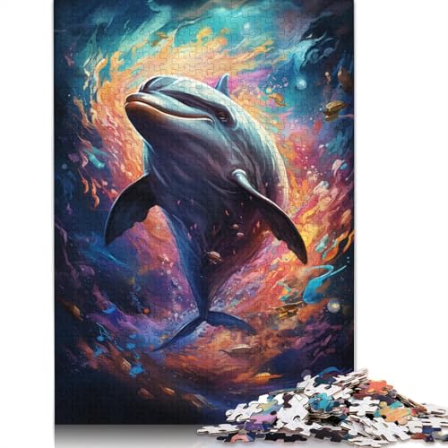 Buntes psychedelisches Delfin-Puzzle, rechteckig, aus Pappe, 100% recyceltem Karton, Puzzle für Erwachsene und Kinder, (75 x 50 cm) von POLIUAWS
