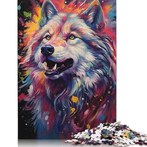 Buntes psychedelisches Porträt eines Schattenwolf-Puzzles, 100% recyceltes Kartonpapier, rechteckiges Puzzle für Erwachsene und Kinder, (75 x 50 cm) von POLIUAWS