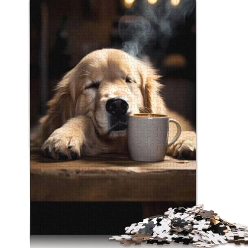 Golden Retriever Coffee 1000-teiliges Puzzle für Erwachsene, Spielzeug, Denkspiel, Lernspiel für Erwachsene, Stressabbau, Heimdekoration, 1000 Teile (75 x 50 cm) von POLIUAWS