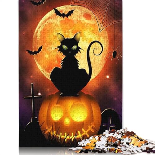 Halloween Puzzle 1000 Teile Schwarze Katze Erwachsene Puzzle für Erwachsene, Halloween-Geschenk ab 14 Jahren, 1000 Teile (38x26cm) von POLIUAWS