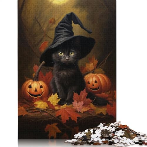 Halloween Puzzle 1000 Teile Schwarze Katze Erwachsene Teenager Holzpuzzle für Familienspaß und Spieleabend, 1000 Teile (75x50cm) von POLIUAWS