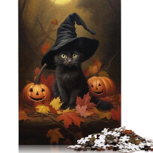 Halloween Puzzle 1000 Teile Schwarze Katze für Erwachsene, Halloween-Geschenk, Holzpuzzle für Teenager, einzigartige Dekorationen und Geschenke, 1000 Teile (75x50cm) von POLIUAWS