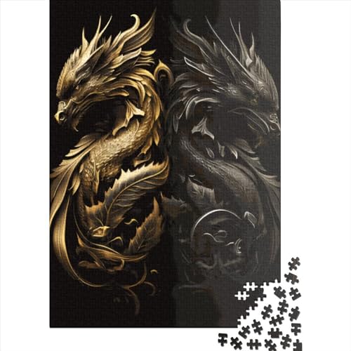 Holzpuzzle mit goldenem und schwarzem Drachen, für Erwachsene und Jugendliche (ab 12 Jahren), 1000 Teile (38 x 26 cm) von POLIUAWS