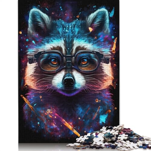 Kosmischer Waschbär mit Brille, Puzzle für Erwachsene, Premium-Puzzle aus 100% recyceltem Brett, schwierige Puzzles für Kinder ab 12 Jahren, 1000 Teile (75 x 50 cm) von POLIUAWS