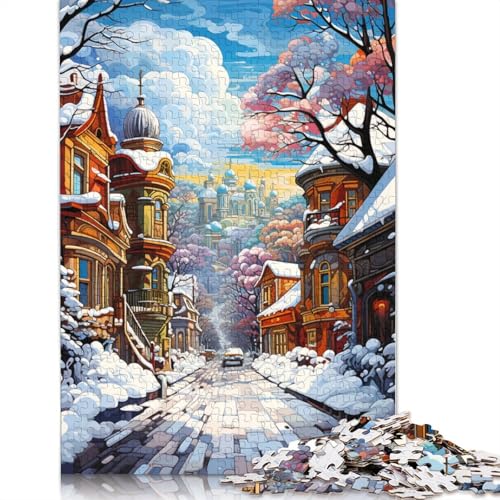 Psychedelische Straßenszene mit Schnee bedeckt, schwieriges Puzzle aus 100% recyceltem Karton, für Damen und Herren, (75 x 50 cm) von POLIUAWS