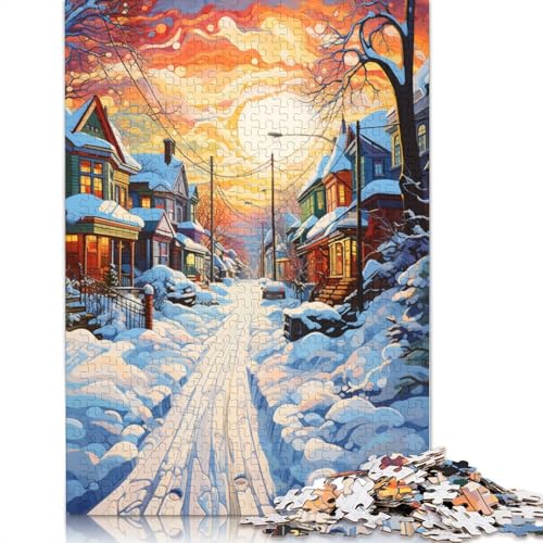 Psychedelische Straßenszene mit Schnee bedeckt. Schwierige Herausforderung. Puzzle aus 100% recyceltem Karton für Erwachsene, (75 x 50 cm) von POLIUAWS