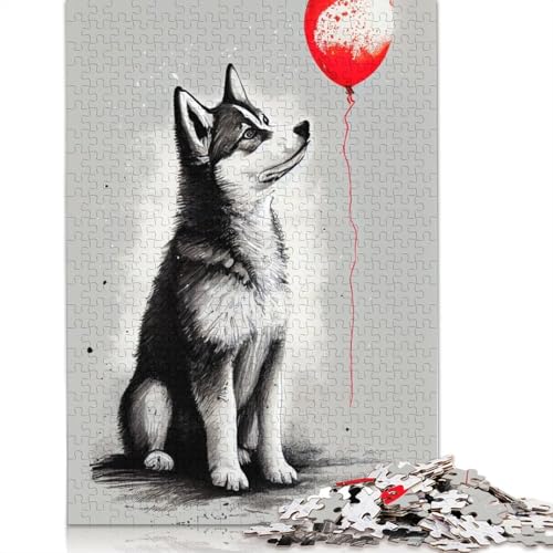 Puzzle 1000 Teile Husky Red Balloon Puzzles für Erwachsene Schwierigkeitsgrad Puzzles Lernspielzeug Spiele Familiendekoration 1000 Stück (38x26cm) von POLIUAWS