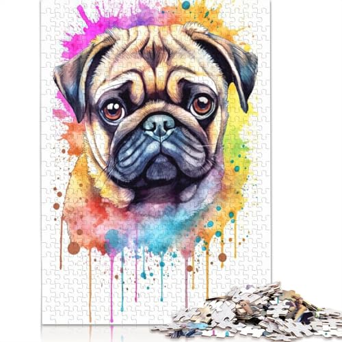 Puzzle für Erwachsene, 1000 Teile, Aquarell-Mopswelpen-Puzzle für Erwachsene, anspruchsvolles Spiel, 1000 Teile (38 x 26 cm) von POLIUAWS