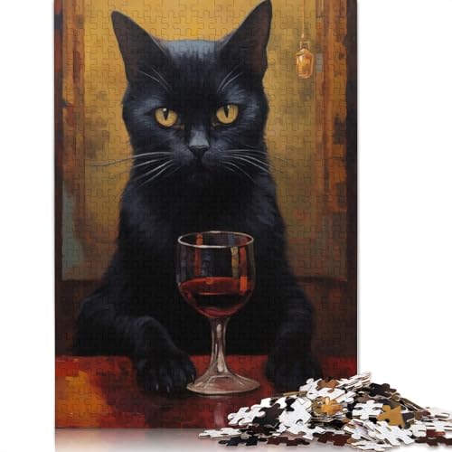 Puzzle für Erwachsene, 1000 Teile, Schwarze Katze mit Wein, Puzzle, Interaktion mit Familienmitgliedern, 1000 Teile (75 x 50 cm) von POLIUAWS