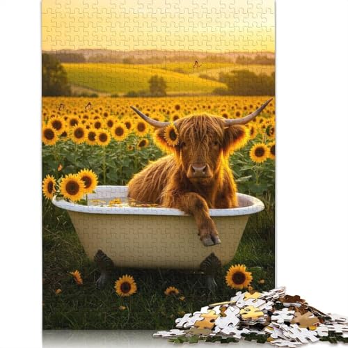 Puzzle für Erwachsene, Hochlandkuh in Badewanne mit Sonnenblumen, Puzzles für Erwachsene, Lernspiel, Herausforderungsspielzeug, 1000 Teile (75 x 50 cm) von POLIUAWS