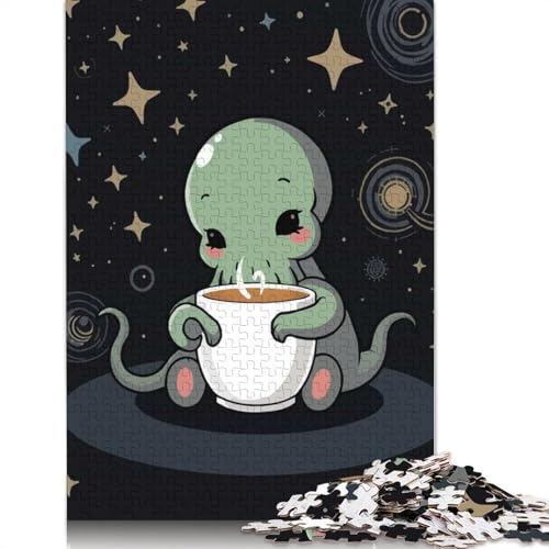 Puzzle für Erwachsene, süßer Cthulhu mit Kaffee, Puzzles für Erwachsene, Lernspiel, Herausforderungsspielzeug, 1000 Teile (38 x 26 cm) von POLIUAWS