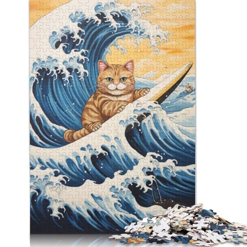 Puzzle mit 1000 Teilen, Katze Surft auf japanischen Wellen, Spaß für die ganze Familie, Puzzle für Erwachsene und herausforderndes Spiel, Stressabbau-Spiele, Geschenke, 1000 Teile (38 x 26 cm) von POLIUAWS