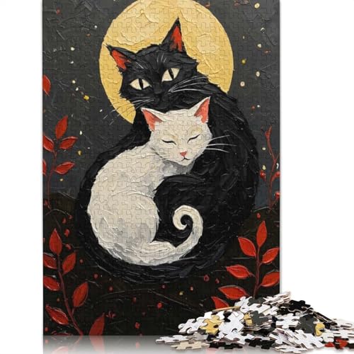 Schwarz-weiße Katzen unter dem Mond, Malpuzzle, Denksport-Puzzle aus 100 % recyceltem Karton, Puzzle für Damen und Herren, 500 Teile (52 x 38 cm) von POLIUAWS