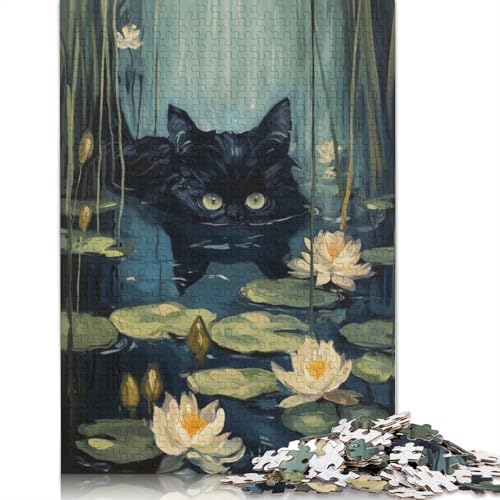 Schwimmender Fluss, Schwarze Katze, 1000-teiliges Puzzle für Erwachsene | Familienspaß-Puzzles für Erwachsene, Geschenke, Denkspiele, 1000 Teile (75 x 50 cm) von POLIUAWS