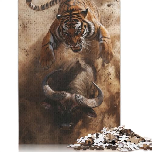 Tiger greift Büffel an, 1000-teiliges Puzzle für Erwachsene, Spielzeug, Denkspiel, Lernspiel für Erwachsene, Stressabbau, Heimdekoration, 1000 Teile (75 x 50 cm) von POLIUAWS