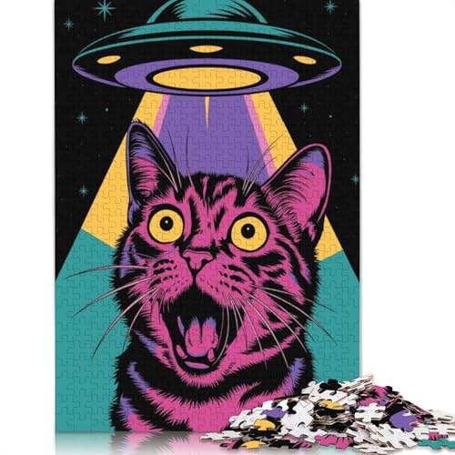 Überraschtes Katzen-UFO, 1000-teiliges Puzzle, Familienspaß für Erwachsene und herausforderndes Spiel, Spiele zum Stressabbau und einzigartige Geschenke, 1000 Teile (75 x 50 cm) von POLIUAWS