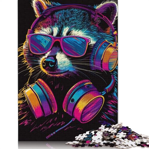 Waschbär mit Kopfhörern, Puzzle, rechteckig, Papp-Puzzle, Kinder ab 12 Jahren, 1000 Teile (75 x 50 cm) von POLIUAWS