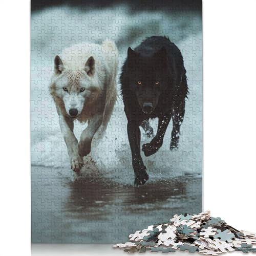 Weiße und Schwarze Wölfe rennen, 1000-teiliges Puzzle, Spaß für die ganze Familie, Puzzle für Erwachsene und herausforderndes Spiel, Stressabbau-Spiele, Geschenke, 1000 Teile (75 x 50 cm) von POLIUAWS