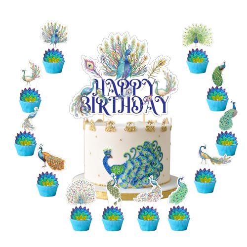 25 Pcs Pfau Kuchen Dekorationen Pfau Cupcake Toppers Kuchen Topper für Pfau Geburtstag Dekorationen Pfau Party Dekorationen Zoo Vogel Geburtstag Party Zubehör von POMNUG