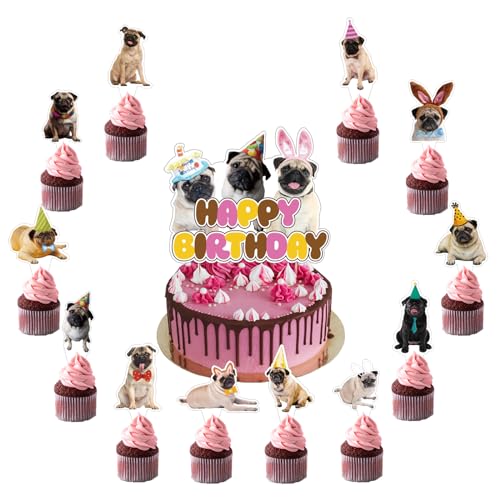 25 Stück Mops-Kuchendekorationen Mops-Kuchenaufsatz Cupcake-Topper für Mops, Hunde, Geburtstagsdekorationen, Mops-Party-Dekorationen, Geburtstagsparty-Zubehör von POMNUG