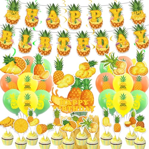 Ananas Party Dekorationen Luau Party Supplies beinhaltet Ananas Happy Birthday Banner Kuchen Cupcake Toppers Spiralen Ballons für Hawaii Tropical Party Dekorationen von POMNUG