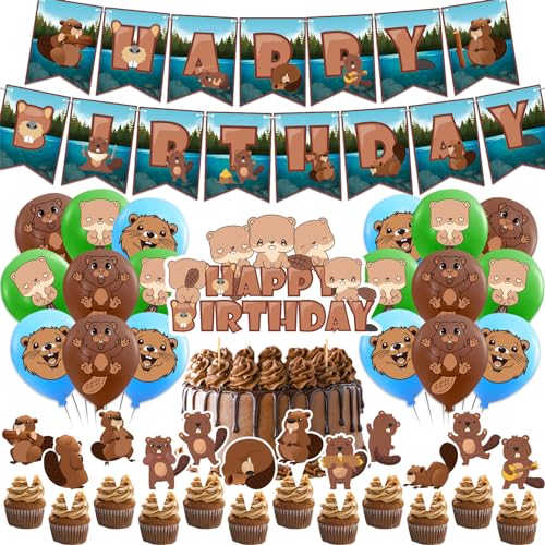 Biber-Geburtstagsparty-Dekorationen, inklusive Biber-Geburtstags-Banner, Kuchendekoration, Cupcake-Topper, Luftballons für Biber-Geburtstagsparty-Zubehör Biber-Geburtstagsparty-Dekorationen, inklusive Biber-Geburtstags-Banner, Kuchendekoration, Cupcake-Topper, Luftballons für Biber-Geburtstagsparty-Zubehör von POMNUG