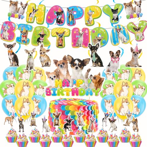 Chihuahua Hund Geburtstag Dekorationen Niedliche Chihuahua Party Dekorationen Enthält Chihuahua Happy Birthday Banner, Hängende Wirbel, Cake Topper, Cupcake Topper, Luftballons von POMNUG