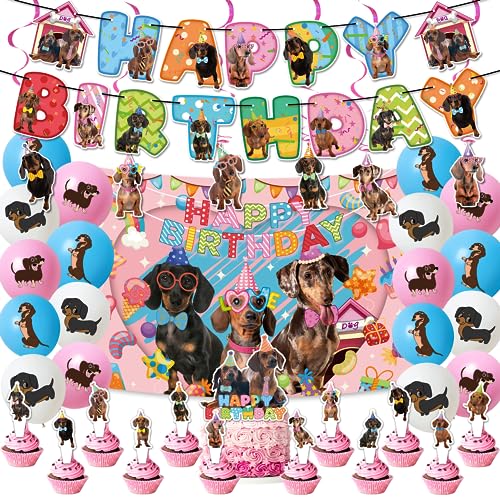 Dackel Geburtstag Party Dekorationen Set - Banner, Spiralen, Kuchen Topper, Cupcake Toppers, Ballons, Hintergrund für Feier Dackel Geburtstag Party Dekorationen Set - Banner, Spiralen, Kuchen Topper, Cupcake Toppers, Ballons, Hintergrund für Feier von POMNUG