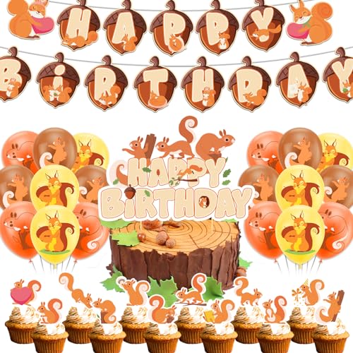 Eichhörnchen Party Dekorationen Eichhörnchen Geburtstag Party Zubehör beinhaltet Eichhörnchen Geburtstag Banner Kuchen Topper Cupcake Toppers Ballons für Waldtiere Party Zoo Tiere Party von POMNUG