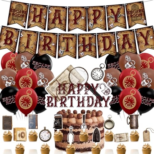 Escape Room Party Dekorationen Inklusive Escape Room Happy Birthday Banner Kuchen Topper Cupcake Toppers Ballons für Escape Room Geburtstagsparty Zubehör von POMNUG