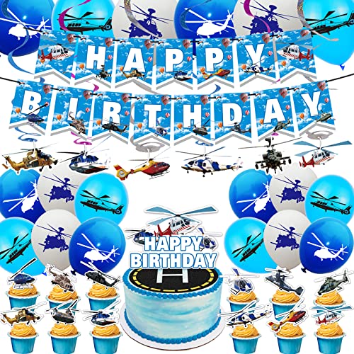 Hubschrauber Geburtstag Party Supplies Hubschrauber Party Dekoration Flugzeug Thema Party Supplies Inklusive Geburtstagsbanner, Spiralen, Kuchen Cupcake Toppers Ballons für Hubschrauber Flieger von POMNUG