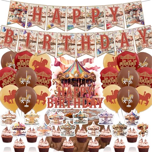 Karussell Geburtstag Dekorationen Karussell Party Zubehör beinhaltet Karussell Geburtstag Banner Kuchen Topper Cupcake Toppers Ballons für Karussell Pferd Party Dekorationen von POMNUG